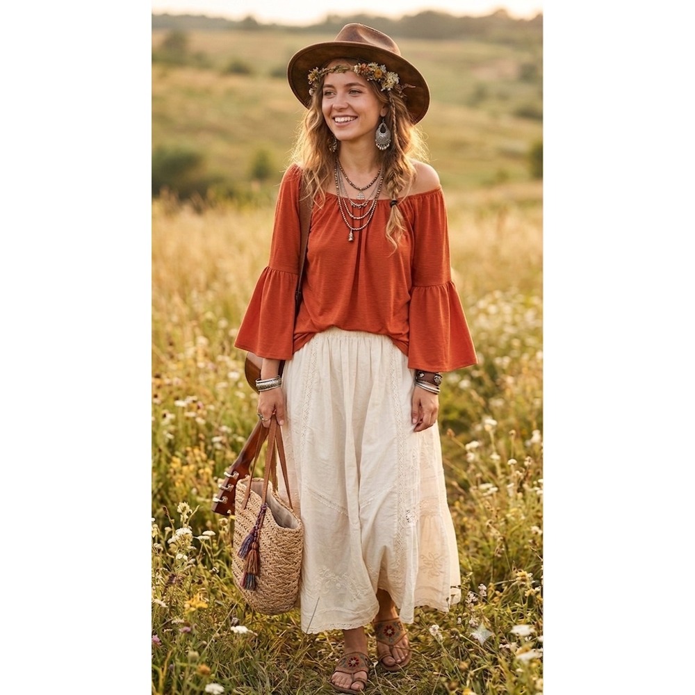 Spense Womens Burnt Orange Bell Sleeve Off Shoulder Boho Blouse Top Size M - Picture 1 of 11